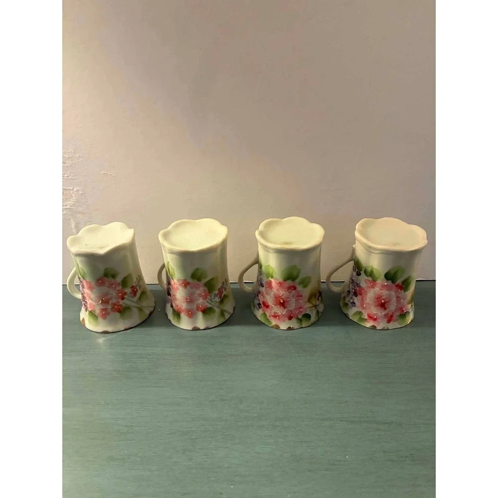 Vintage Porcelain Demitasse Cups Set of 4 Pink Floral Gold Trim Tea EspressoCups